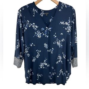 J.Jill Wearever Collection Navy Floral V Neck Knit Top Womens 2X